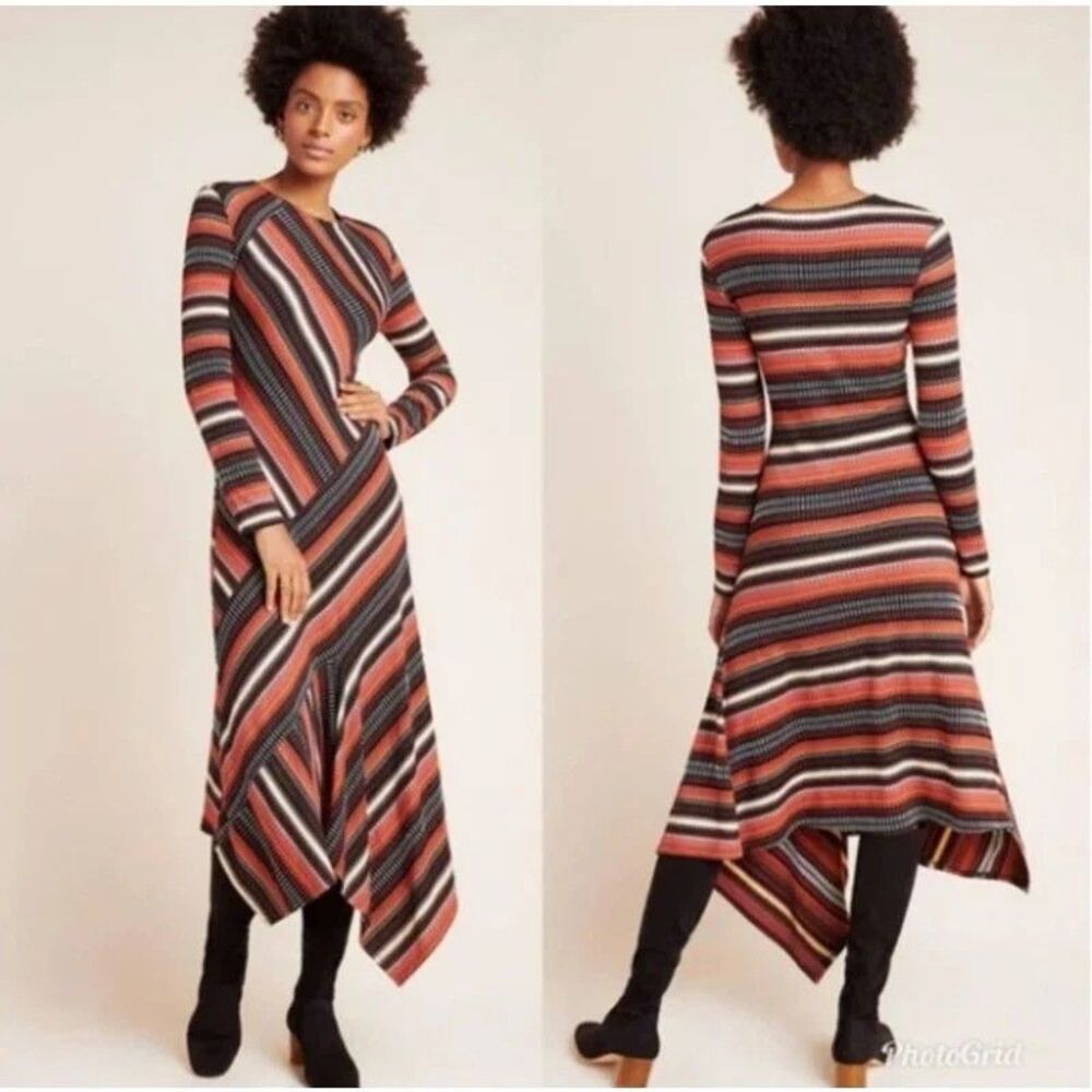 Anthropologie Maeve Parkside Jersey Knit Asymmetrical Maxi Dress L Brown Striped